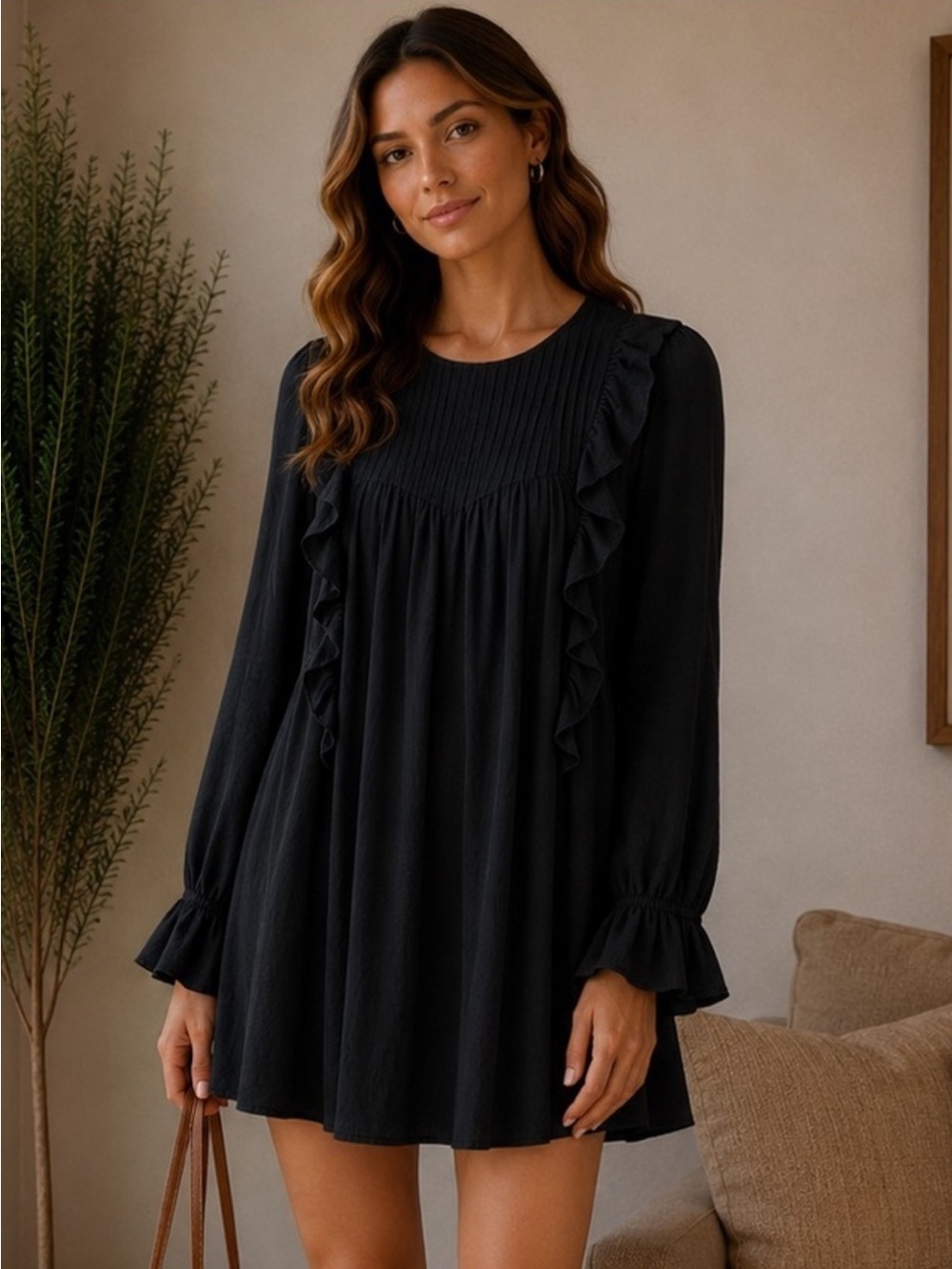 Zara Ruffle Pintuck Pleat Shift Mini Dress in black size XS